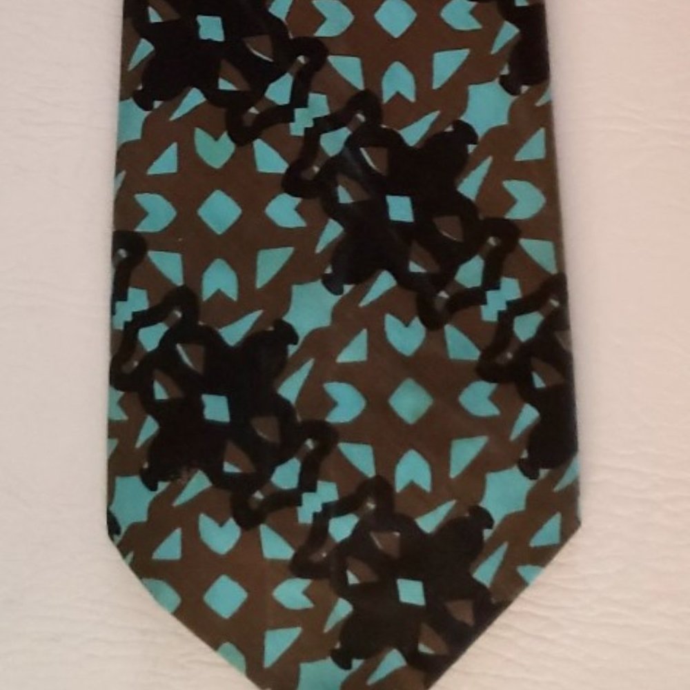 FINAL SALE mod geometric neck tie 1970s cotton olive turquois